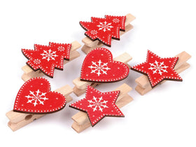 Holzklammer Weihnachten rot-beige Stern & Herz 6er-Set - 0