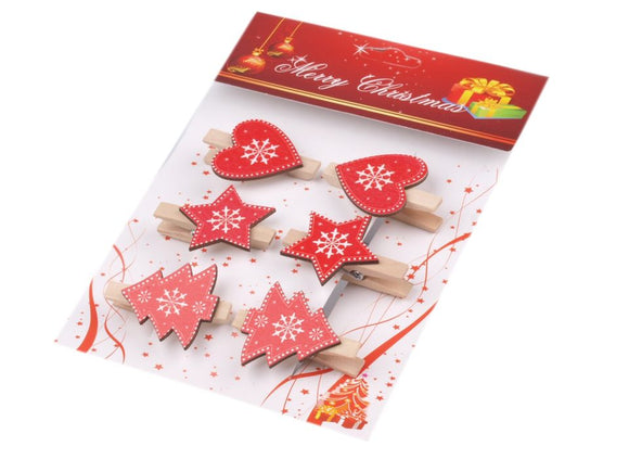 Holzklammer Weihnachten rot-beige Stern & Herz 6er-Set