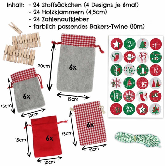 Adventskalender Stoffsäckchen zum Basteln & Befüllen Rot-Grün