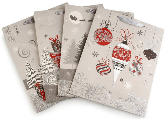 Geschenktüte Weihnachtsmotive Silber-Rot 26x32 cm