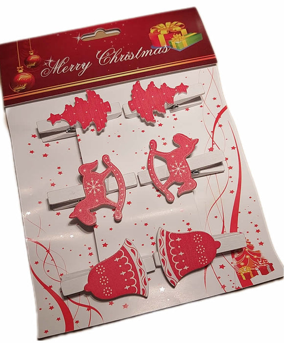 Holzklammer Weihnachten rot-weiß Pferd & Glocke 6er-Set