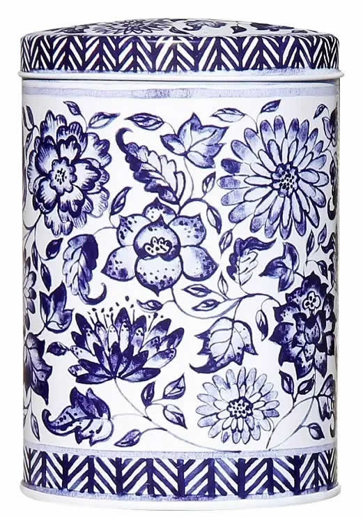 Ovale Metalldose Blumen Weiß-Blau