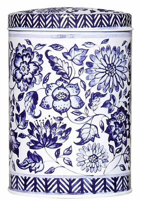 Ovale Metalldose Blumen Weiß-Blau
