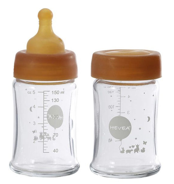 Hevea Glas-Babyflasche 150 ml 2er-Set 100% plastikfrei - weiter Hals