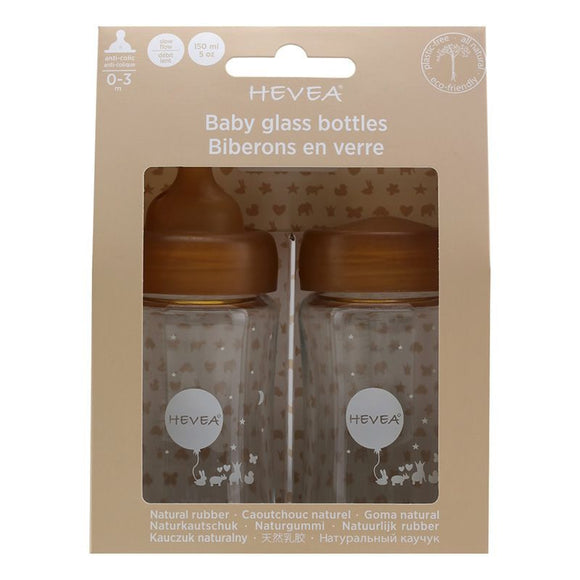 Hevea Glas-Babyflasche 150 ml 2er-Set 100% plastikfrei - weiter Hals
