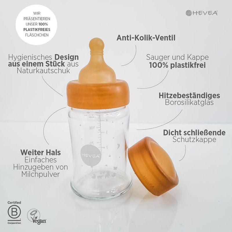 Hevea Glas-Babyflasche 150 ml 2er-Set 100% plastikfrei - weiter Hals - 0