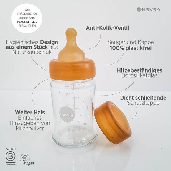 Hevea Glas-Babyflasche 250 ml 2er-Set 100% plastikfrei- weiter Hals