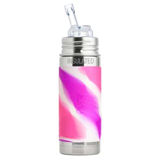 Purakiki Isolierte Trinkflasche mit Sippy Trinkhalm 260 ml mit Silikon-Sleeve rosa swirl